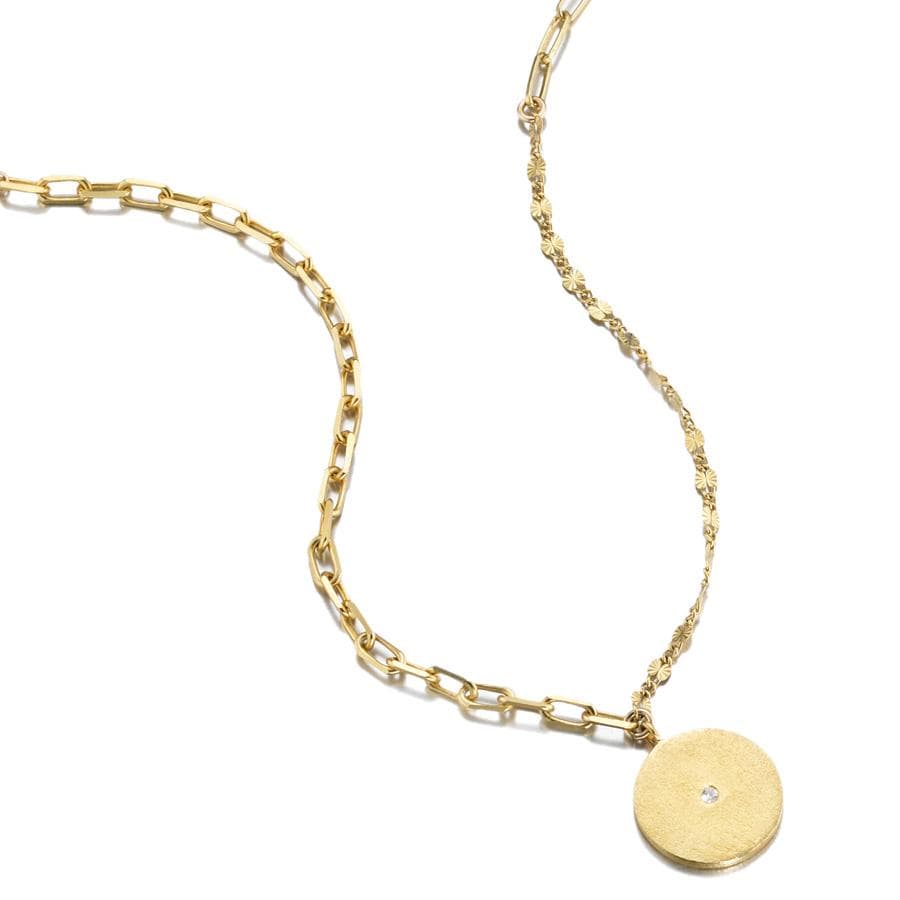 14K Yellow Gold Matte Coin Chain Necklace Pendant Charm