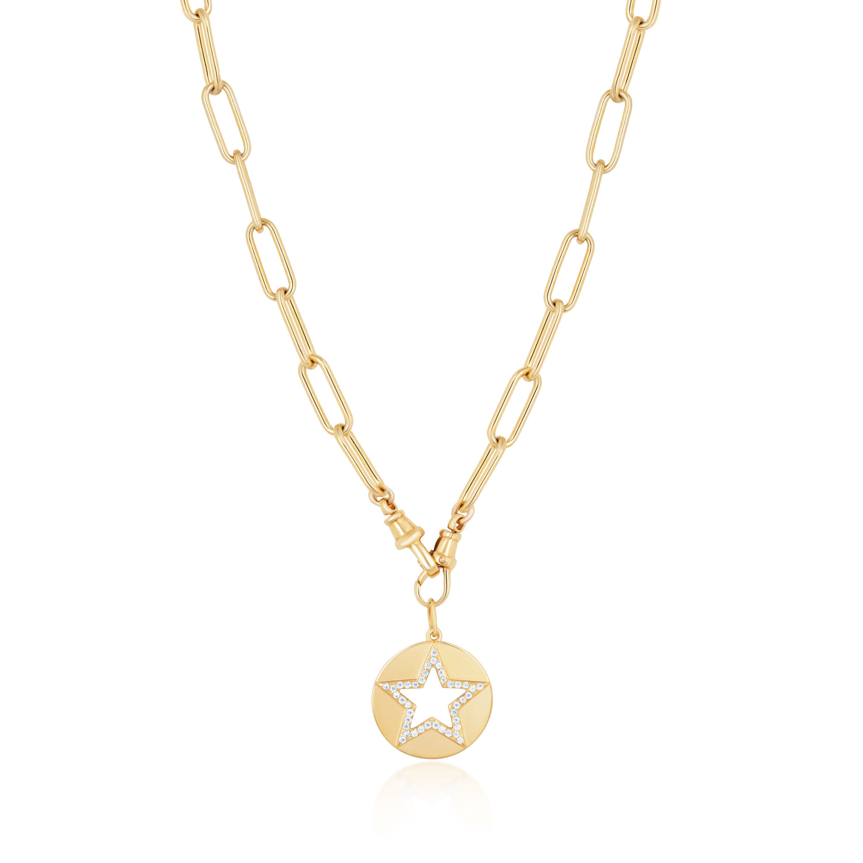 Double Clasp Necklace Heavy Rectangle Chain with Star Pendant / 14K Yellow Gold Plate